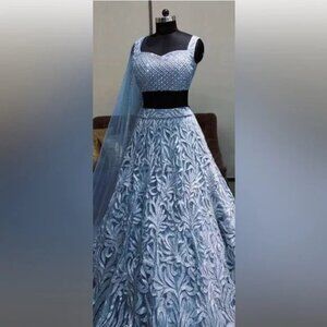 Modern Blue Grey Lengha (Lehengha) covered in work with ruffles